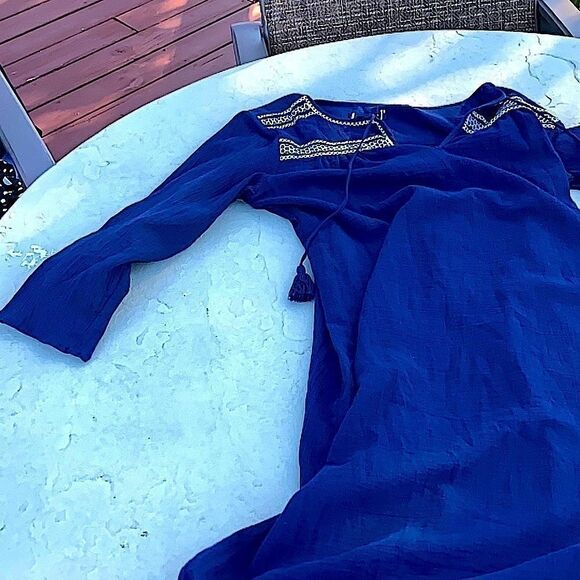 Land’s End Swim Coverup long sleeve sheer tassels embroidered modest Navy Small - Picture 8 of 16